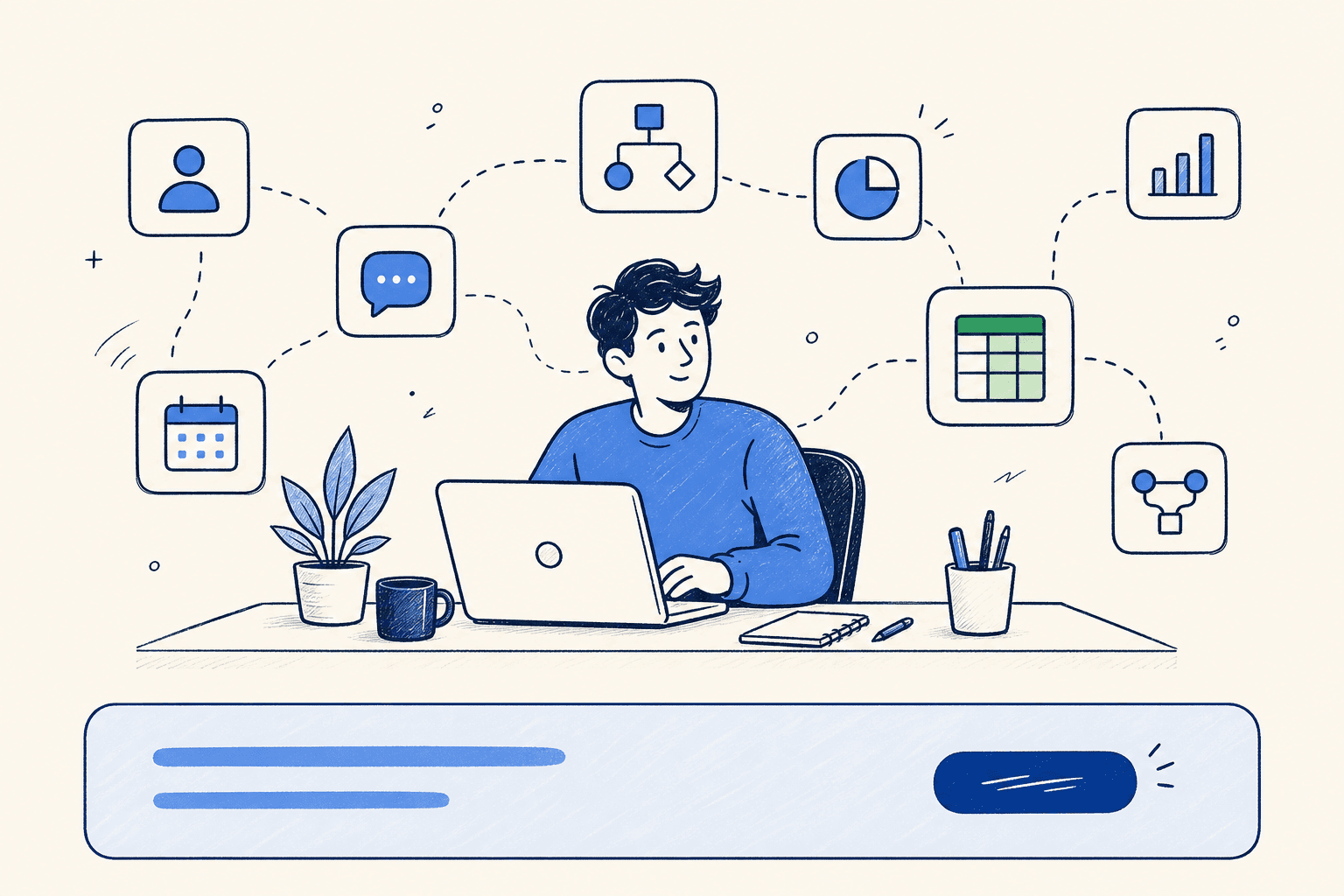 Persona en un escritorio con flujo de trabajo e íconos de aplicaciones conectadas