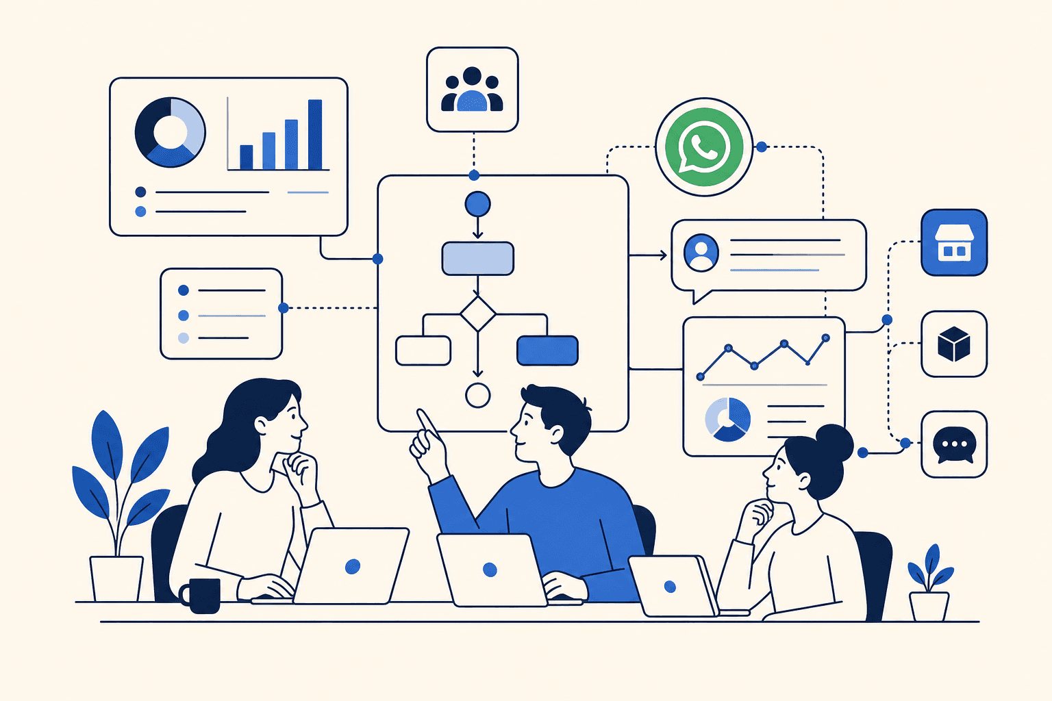 Equipo colaborando en flujos operativos con tableros y herramientas conectadas